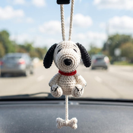 Handmade Crochet Snoopy Amigurumi Car Charm with Dangling Bone