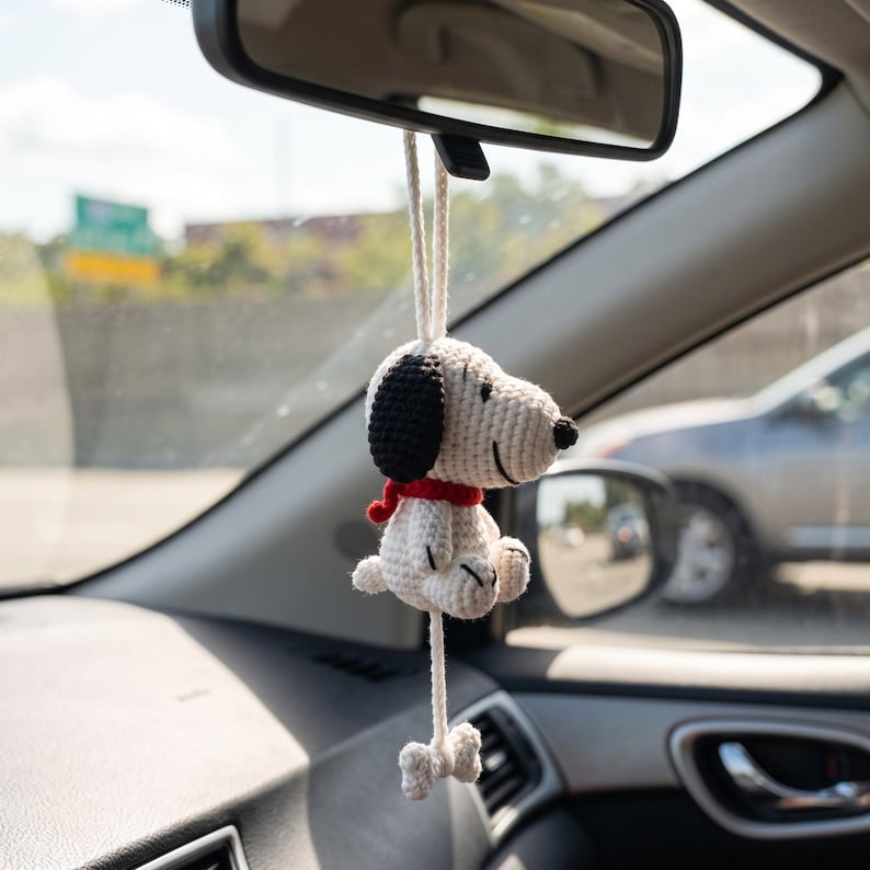 Handmade Crochet Snoopy Amigurumi Car Charm with Dangling Bone