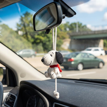 Handmade Crochet Snoopy Amigurumi Car Charm with Dangling Bone