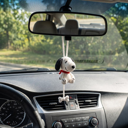 Handmade Crochet Snoopy Amigurumi Car Charm with Dangling Bone