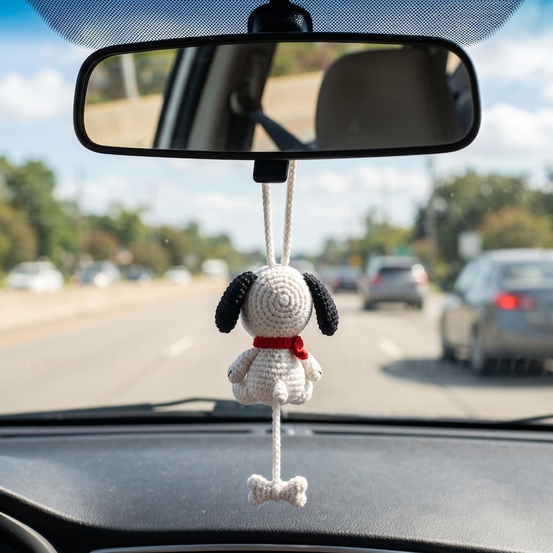 Handmade Crochet Snoopy Amigurumi Car Charm with Dangling Bone