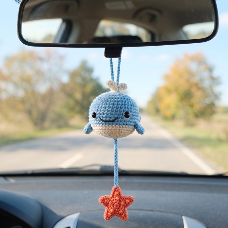 Handmade Crochet Whale Charm for Car Rear View Mirror