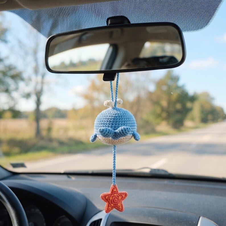 Handmade Crochet Whale Charm for Car Rear View Mirror
