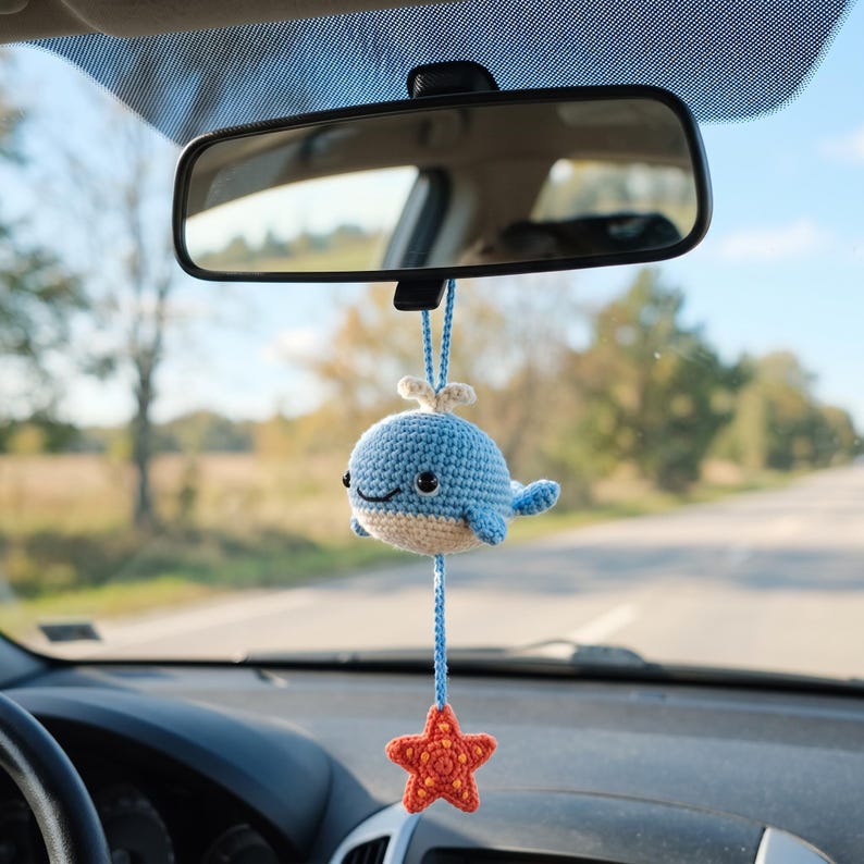 Handmade Crochet Whale Charm for Car Rear View Mirror