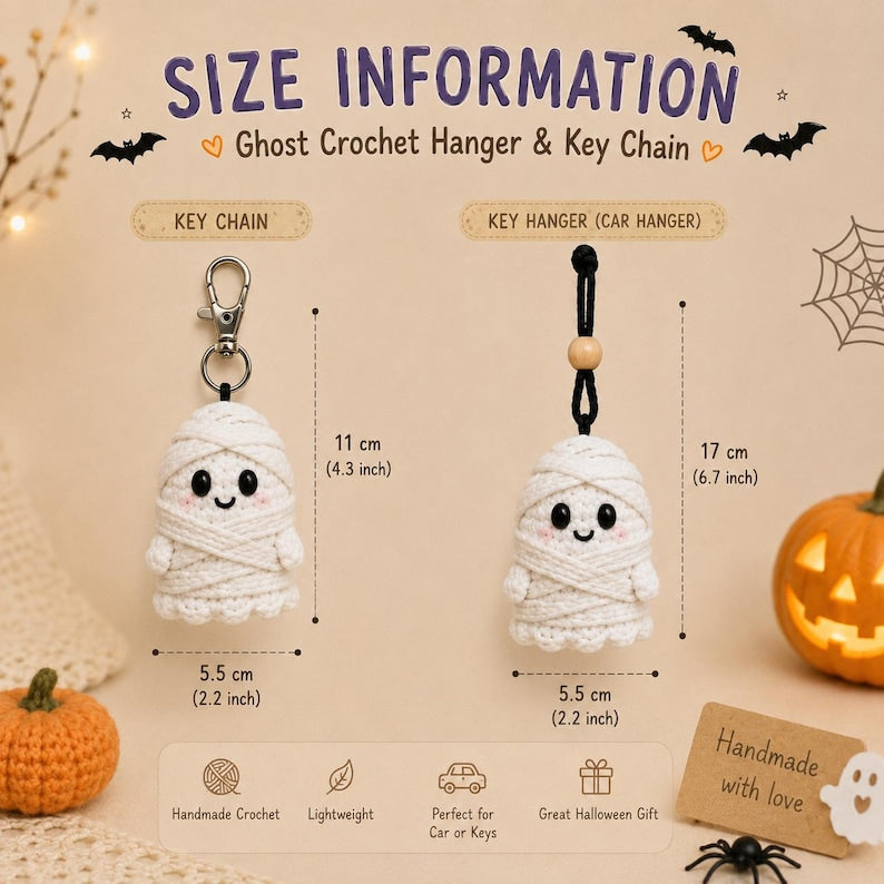 Crochet Ghost Car Hanger, Halloween Ghost Keychain, Cute Pumpkin Witch Vampire Mummy Ghost Charm, Rearview Mirror Decor, Gift