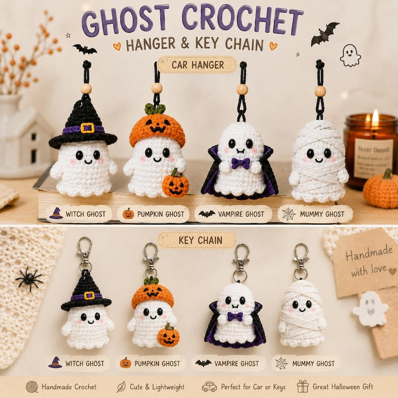 Crochet Ghost Car Hanger, Halloween Ghost Keychain, Cute Pumpkin Witch Vampire Mummy Ghost Charm, Rearview Mirror Decor, Gift