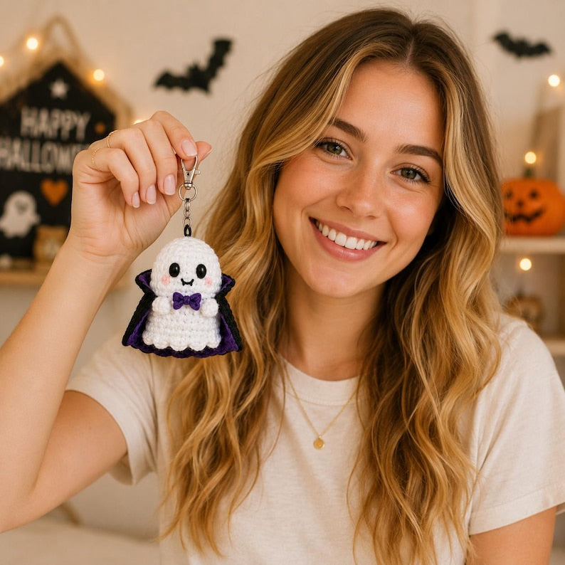 Crochet Ghost Car Hanger, Halloween Ghost Keychain, Cute Pumpkin Witch Vampire Mummy Ghost Charm, Rearview Mirror Decor, Gift