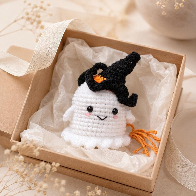 Halloween Ghost Crochet Charm | Little Witch Amigurumi Keychain | Cute Handmade Desk Decor Gift