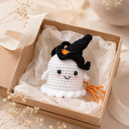 Halloween Ghost Crochet Charm | Little Witch Amigurumi Keychain | Cute Handmade Desk Decor Gift