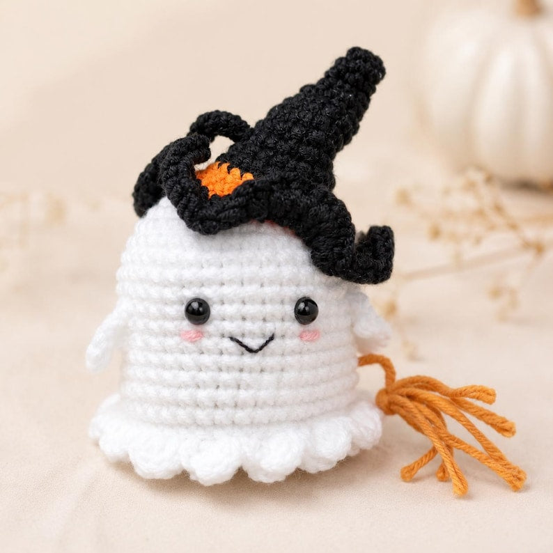 Halloween Ghost Crochet Charm | Little Witch Amigurumi Keychain | Cute Handmade Desk Decor Gift
