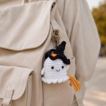 Halloween Ghost Crochet Charm | Little Witch Amigurumi Keychain | Cute Handmade Desk Decor Gift
