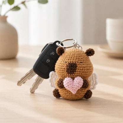 Crochet Capybara Keychain with Heart, Handmade Animal Bag Charm
