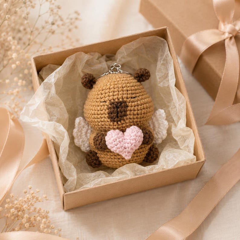 Crochet Capybara Keychain with Heart, Handmade Animal Bag Charm