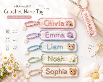 Personalized Crochet Name Tag, Custom Crochet Keychain, Handmade Bag Tag, Backpack Name Tag, Teacher Gift, Kids Luggage Tag