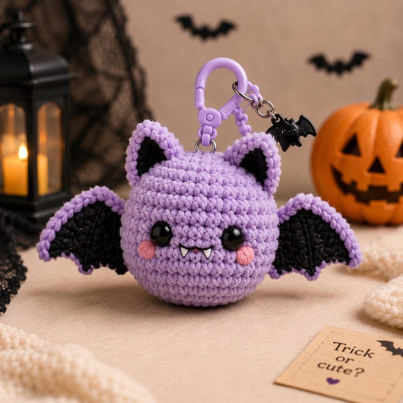 Crochet Bat Keychain, Halloween Bat Plush Charm, Cute Amigurumi Bat Keyring, Backpack Charm, Kawaii Halloween Gift, Stocking Stuffer