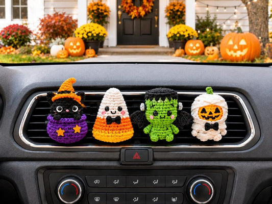 Halloween Crochet Car Vent Clip, Cute Car Decor,Plant Lover Gift,Cute Halloween Amigurumi Plush,Black Cat Ghost Bat Skeleton Car Accessories