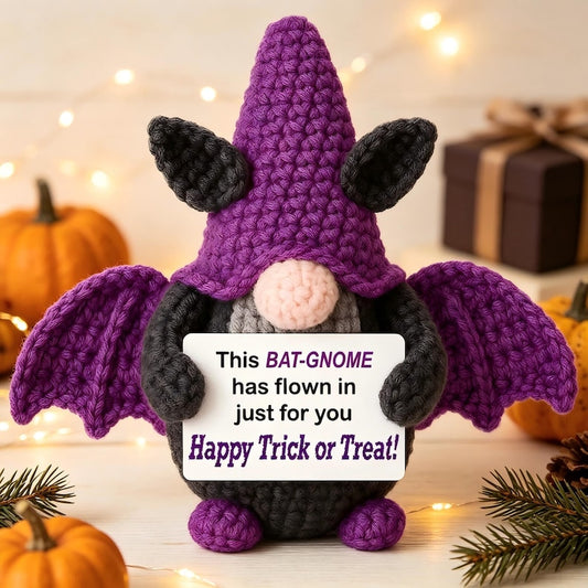 Handmade Crochet Bat Gnome Plush, Funny Halloween Coworker Gift, Stress Relief Pocket Hug, Desk Decor