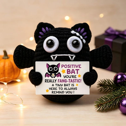 Handmade Crochet Positive Bat Plush, Funny Halloween Pocket Hug, Motivational Desk Decor