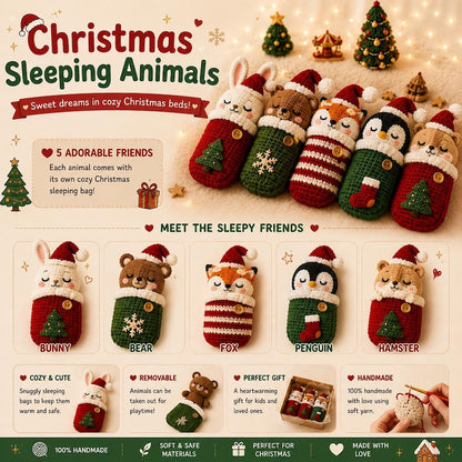 Crochet Christmas Sleeping Animals, Handmade Amigurumi Plush, Xmas Animal Doll, Cozy Sleeping Bag Toy, Holiday Gift for Kids