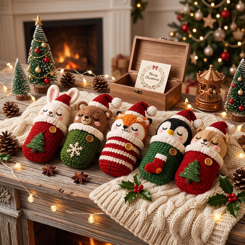 Crochet Christmas Sleeping Animals, Handmade Amigurumi Plush, Xmas Animal Doll, Cozy Sleeping Bag Toy, Holiday Gift for Kids
