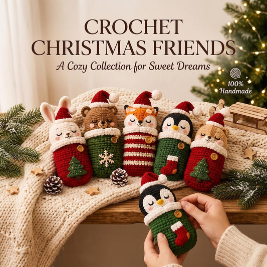 Crochet Christmas Sleeping Animals, Handmade Amigurumi Plush, Xmas Animal Doll, Cozy Sleeping Bag Toy, Holiday Gift for Kids