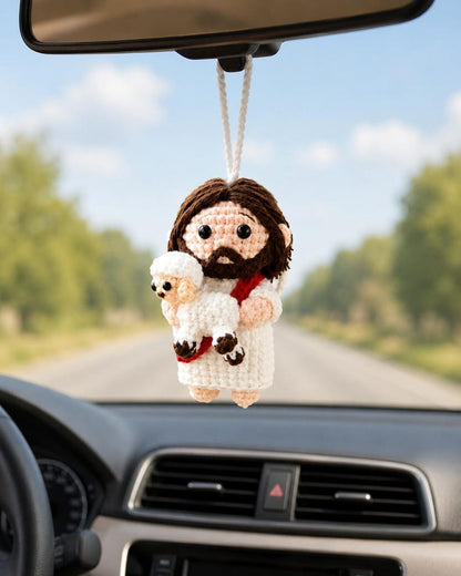 Crochet Jesus And Lamb Car Charm Rearview Mirror Hanging Decor Religious Gift For Drivers Spiritual Auto Accessory Handmade Keepsake