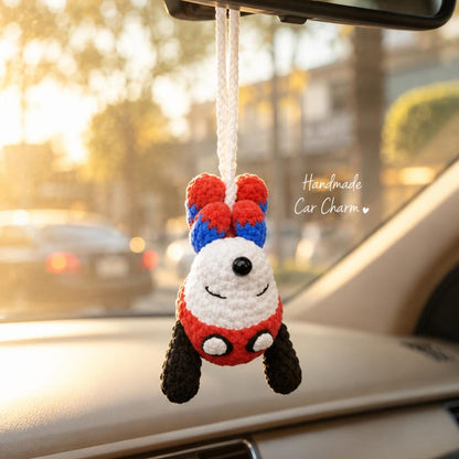 Crochet Superhero Dog Car Hanging, Handmade Amigurumi Puppy Rearview Mirror Charm, Cute Hero Dog Car Decor, Gift for Dog Lovers