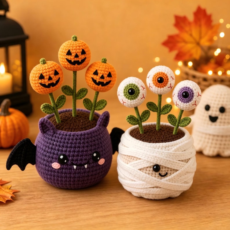 Halloween Crochet Potted Plant, Spooky Cute Amigurumi Decor, Handmade Halloween Desk Ornament, Fall Gift Idea