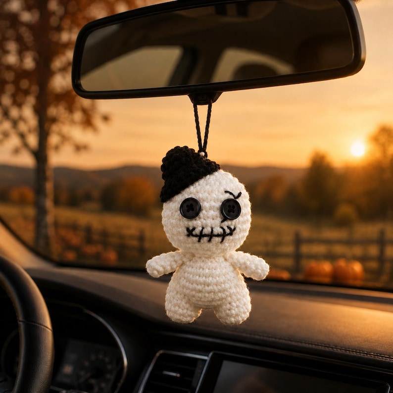 Halloween Crochet Doll | Button Eye Amigurumi Ghost | Handmade Car Hanger | Spooky Desk Decor