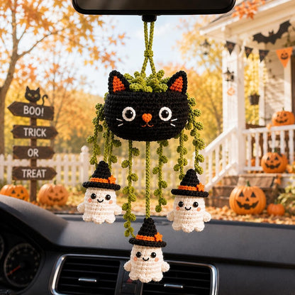 Crochet Halloween Car Charm and Door Hanger, Ghost Cat Hanging Decoration, Cute Spooky Rearview Mirror Ornament, Crochet Ghost Plant Decor