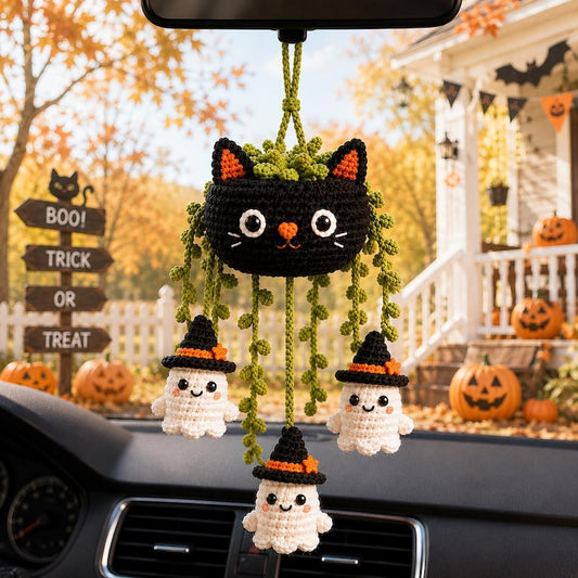 Crochet Halloween Car Charm and Door Hanger, Ghost Cat Hanging Decoration, Cute Spooky Rearview Mirror Ornament, Crochet Ghost Plant Decor