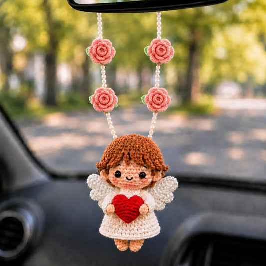 Crochet Angel Car Charm, Guardian Angel Rearview Mirror Hanging, Christian Car Decor, Handmade Religious Gift, Heart Angel Ornament