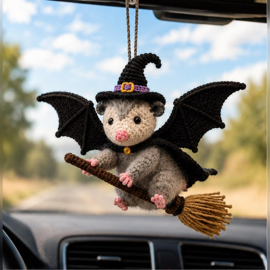 Halloween Opossum Car Charm, Crochet Witch Opossum Rearview Mirror Accessory, Bat Wings Spooky Car Decor, Creepy Cute Goth Gift for Her