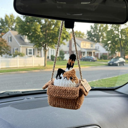 Custom Crochet Cat in Box Car Mirror Charm, Cute Cat in Carton Box Car Accessory, Handmade Kitten Rearview Mirror Hanger, Cat Lover Gift