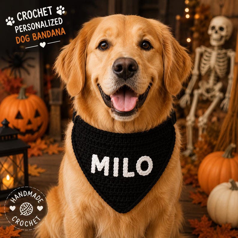 Personalized Crochet Dog Bandana Halloween, Custom Pet Bandana, Handmade Pumpkin Orange Black Collar Scarf, Dog Halloween Gift