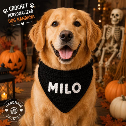 Personalized Crochet Dog Bandana Halloween, Custom Pet Bandana, Handmade Pumpkin Orange Black Collar Scarf, Dog Halloween Gift