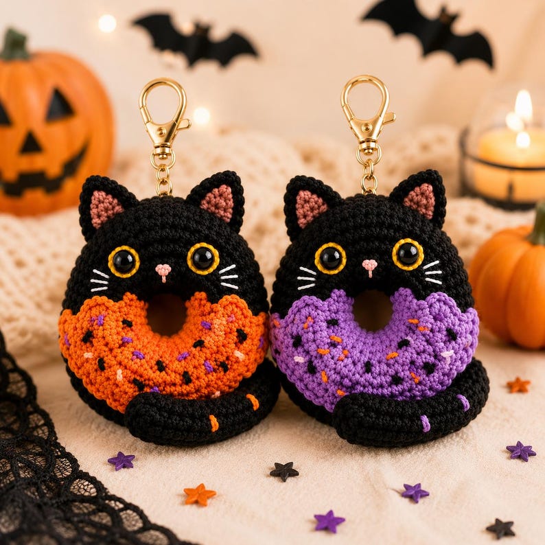 Crochet Black Cat Donut Keychain, Halloween Cat Keychain, Cute Cat Bag Charm, Crochet Car Hanger, Spooky Gift, Handmade Amigurumi