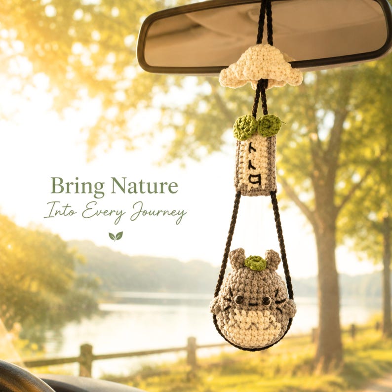 Crochet Forest Spirit Car Hanging, Handmade Amigurumi Rearview Mirror Charm, Cute Car Decor, Woodland Home Decor Gift, Totor0