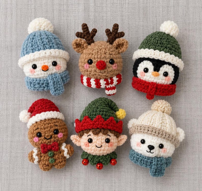 Crochet Christmas Ornaments Set, Amigurumi Winter Appliques, Cute Snowman Reindeer Elf Gingerbread Polar Bear Penguin, Stocking Stuffer