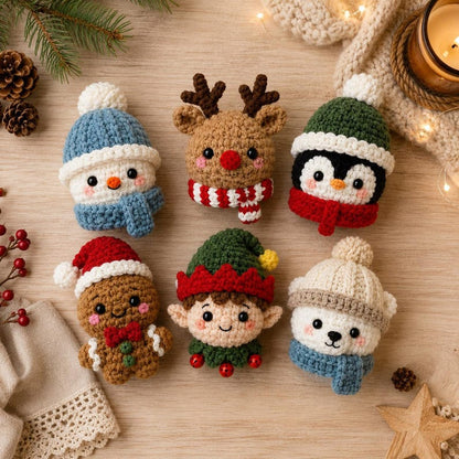 Crochet Christmas Ornaments Set, Amigurumi Winter Appliques, Cute Snowman Reindeer Elf Gingerbread Polar Bear Penguin, Stocking Stuffer