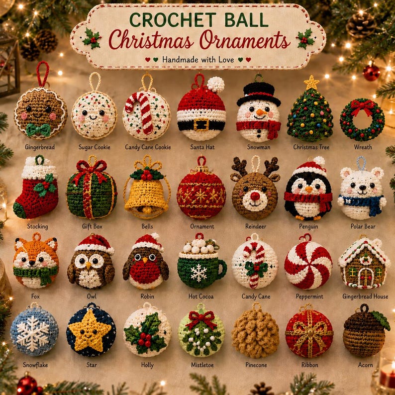 Handmade Crochet Christmas Ornaments, Amigurumi Tree Decor, Custom Holiday Baubles, Cute Snowman Reindeer Santa Stocking Stuffer Gift