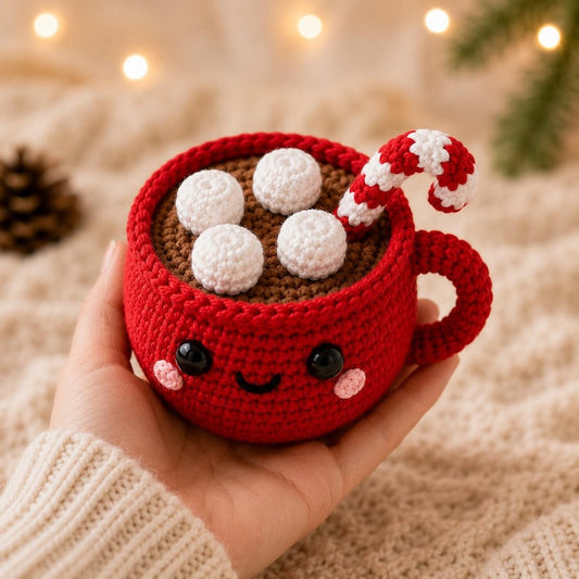 Handmade Crochet Hot Cocoa Mug, Amigurumi Christmas Decor, Red Cup with Marshmallows, Cute Winter Tiered Tray Decor, Holiday Gift