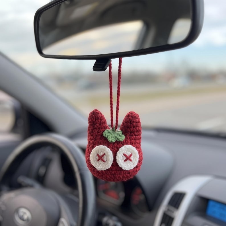 Handmade Crochet Tomato Cat Charm for Car Mirror