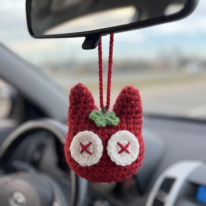 Handmade Crochet Tomato Cat Charm for Car Mirror