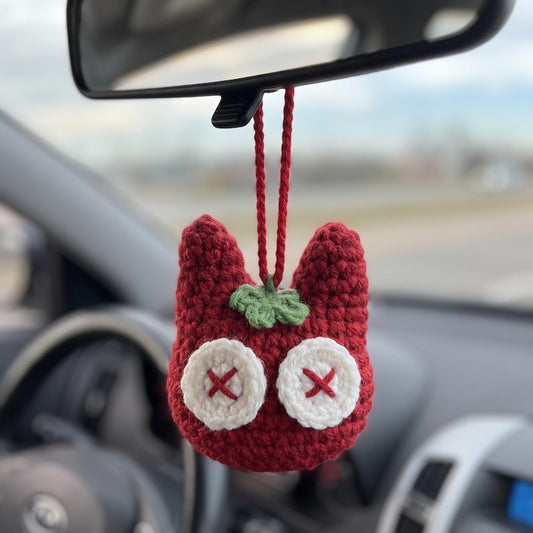 Handmade Crochet Tomato Cat Charm for Car Mirror