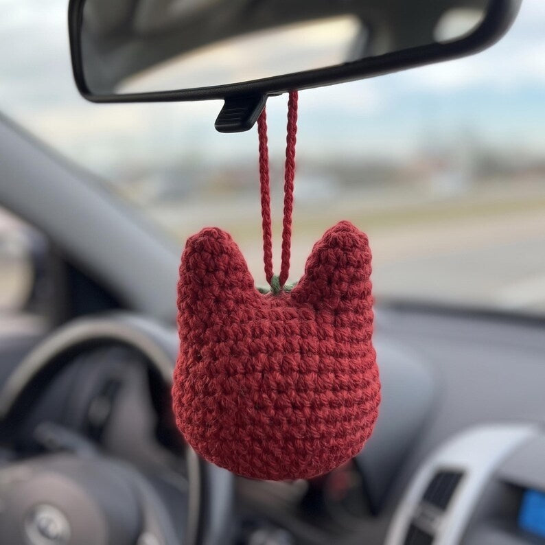 Handmade Crochet Tomato Cat Charm for Car Mirror