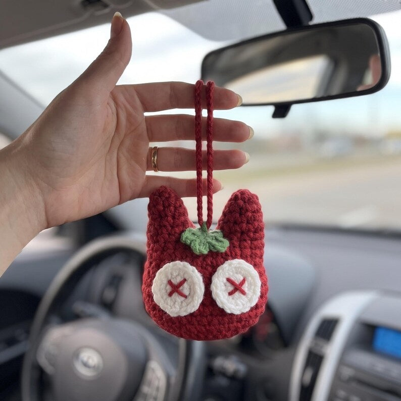 Handmade Crochet Tomato Cat Charm for Car Mirror