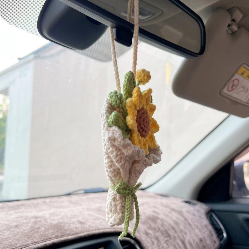 Handmade Crochet Sunflower Car Charm for Rearview Mirror