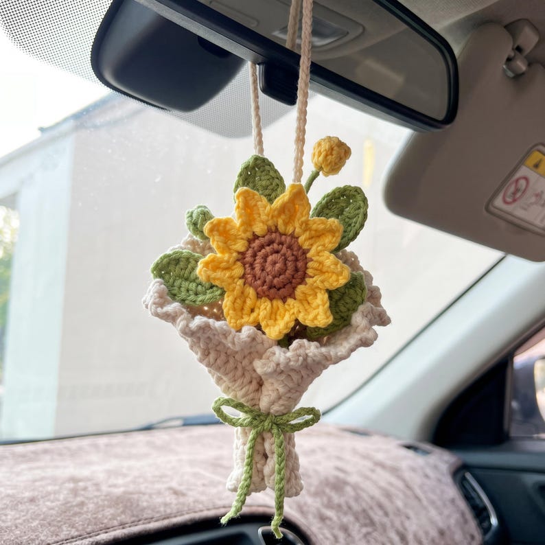 Handmade Crochet Sunflower Car Charm for Rearview Mirror
