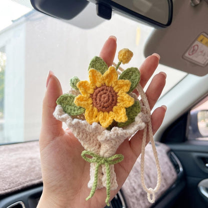 Handmade Crochet Sunflower Car Charm for Rearview Mirror